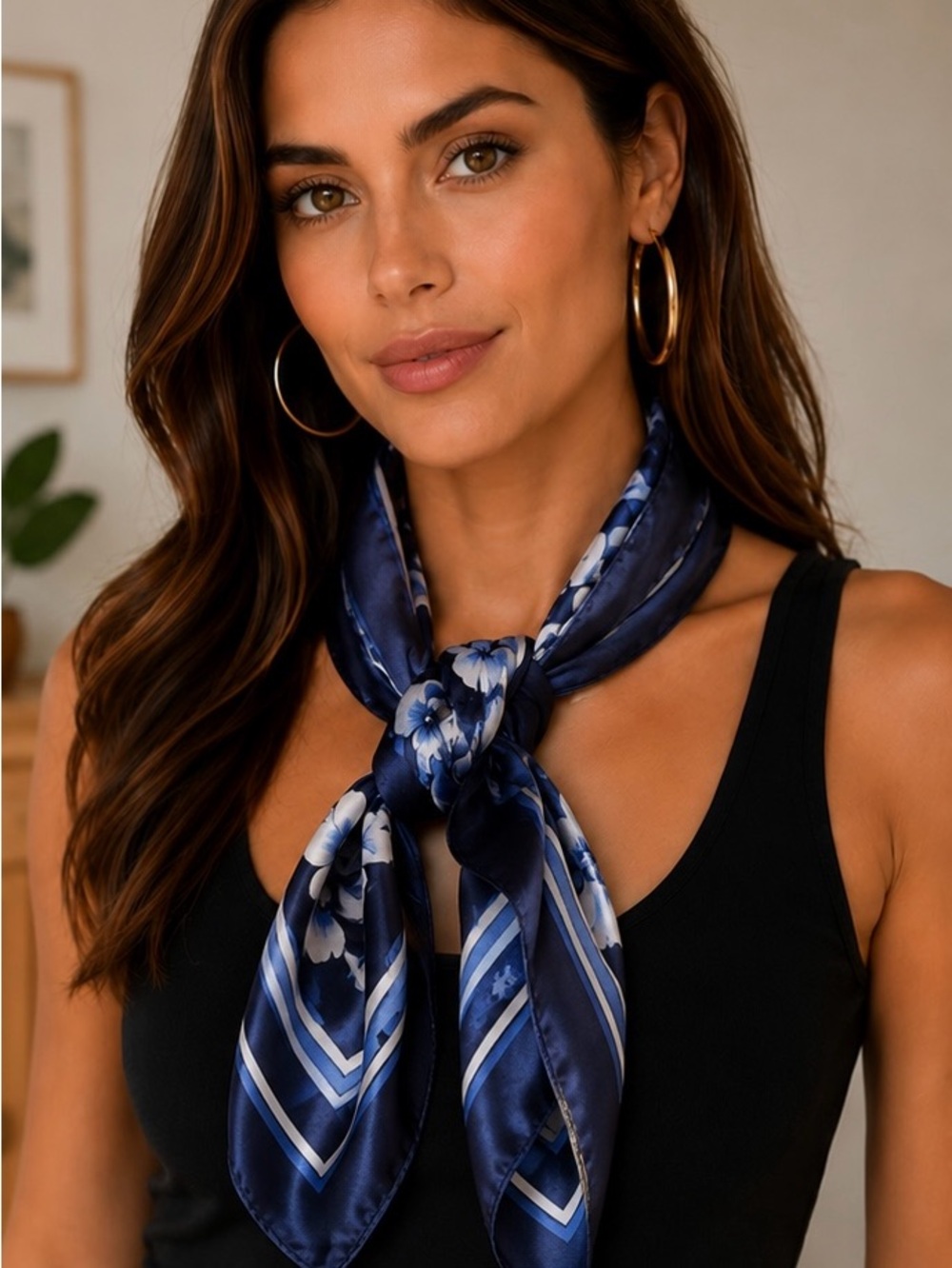 Elegant Silk Feel Blue on Blue Floral Satin Scarf - Picture 4 of 5